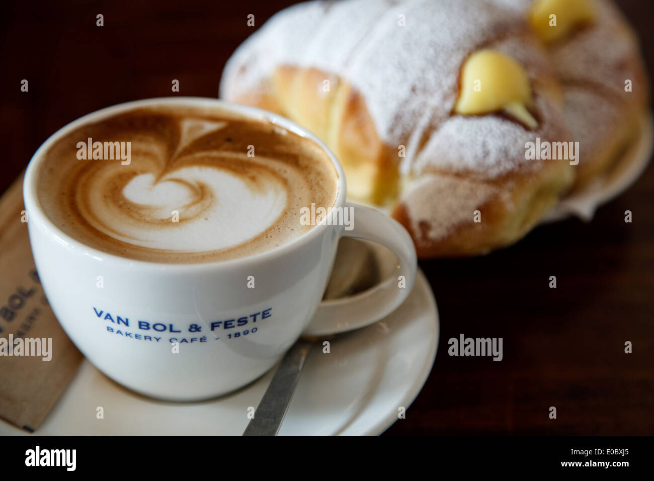 Cup of coffee and cream brioches, Van Bol & Feste Cafe, Milan, Italy Stock Photo