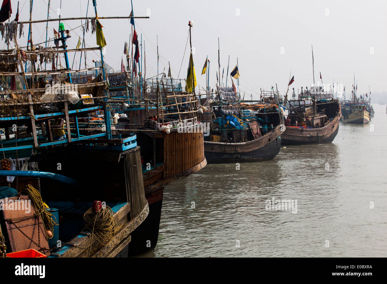 Fishing boats anchored in a harbour in Bangladesh Stock Photo