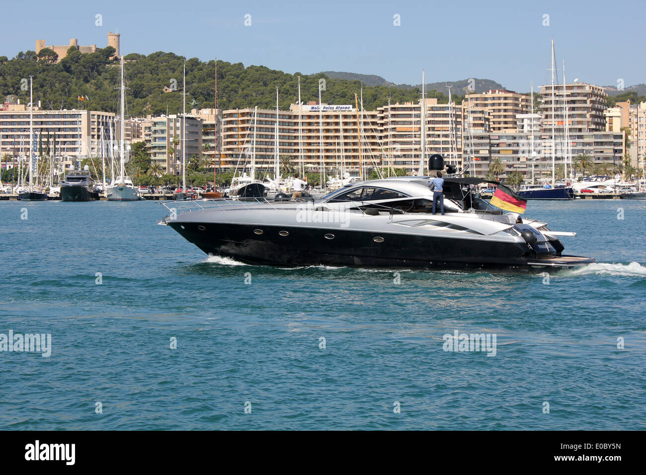 Luxury Mallorca - Luxury Motor Yacht - Palma Paseo Maritimo + historic Belver Castle - Palma de Mallorca / Majorca Stock Photo