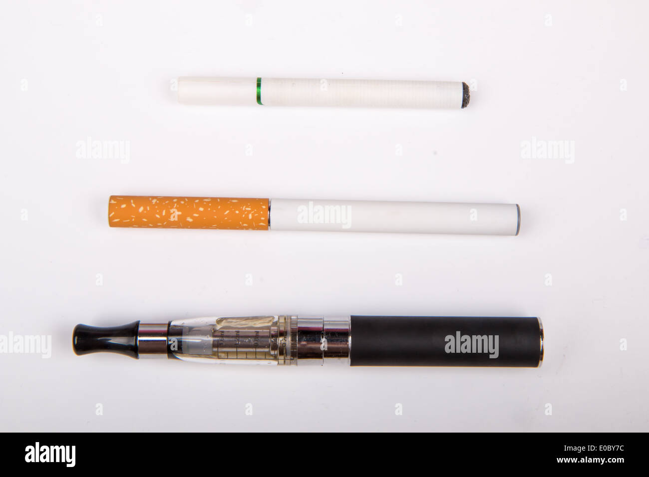 Various types of e-cigarettes: vaporiser, rechargeable, disposable Stock Photo