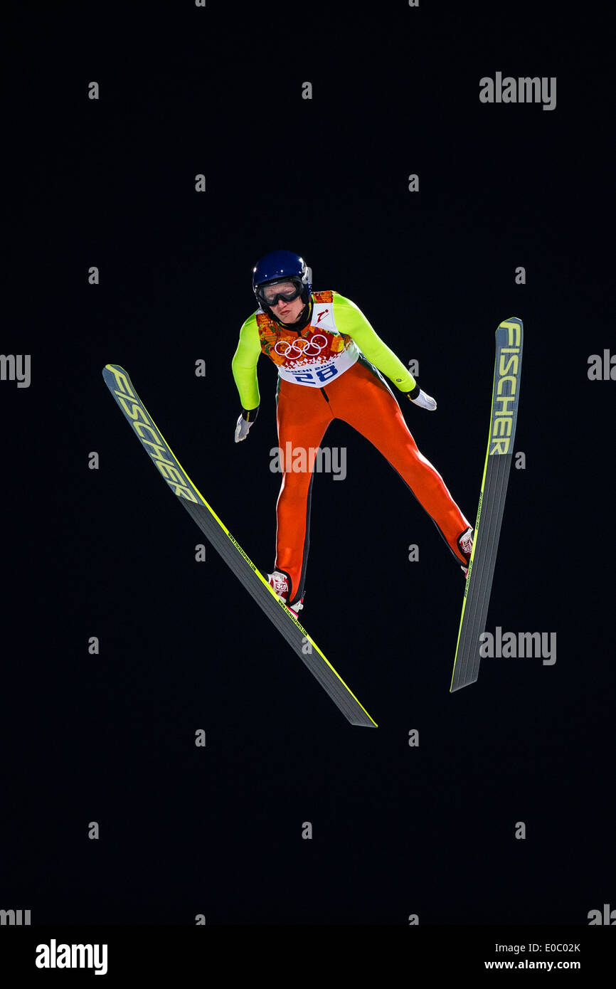 Daniela Iraschko-Stolz (AUT) competing in Women's Ski Jumping at t he Olympic Winter Games, Sochi 2014 Stock Photo