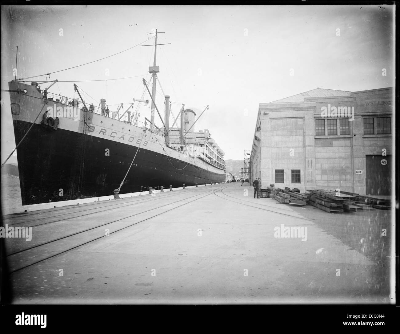 A photograph of the ocean liner RMS Orcades berthed in Wellington Harbour, New Zealand, in the 1940s, showing the ship prior to being torpedoed by U-172 during World War II. Stock Photo