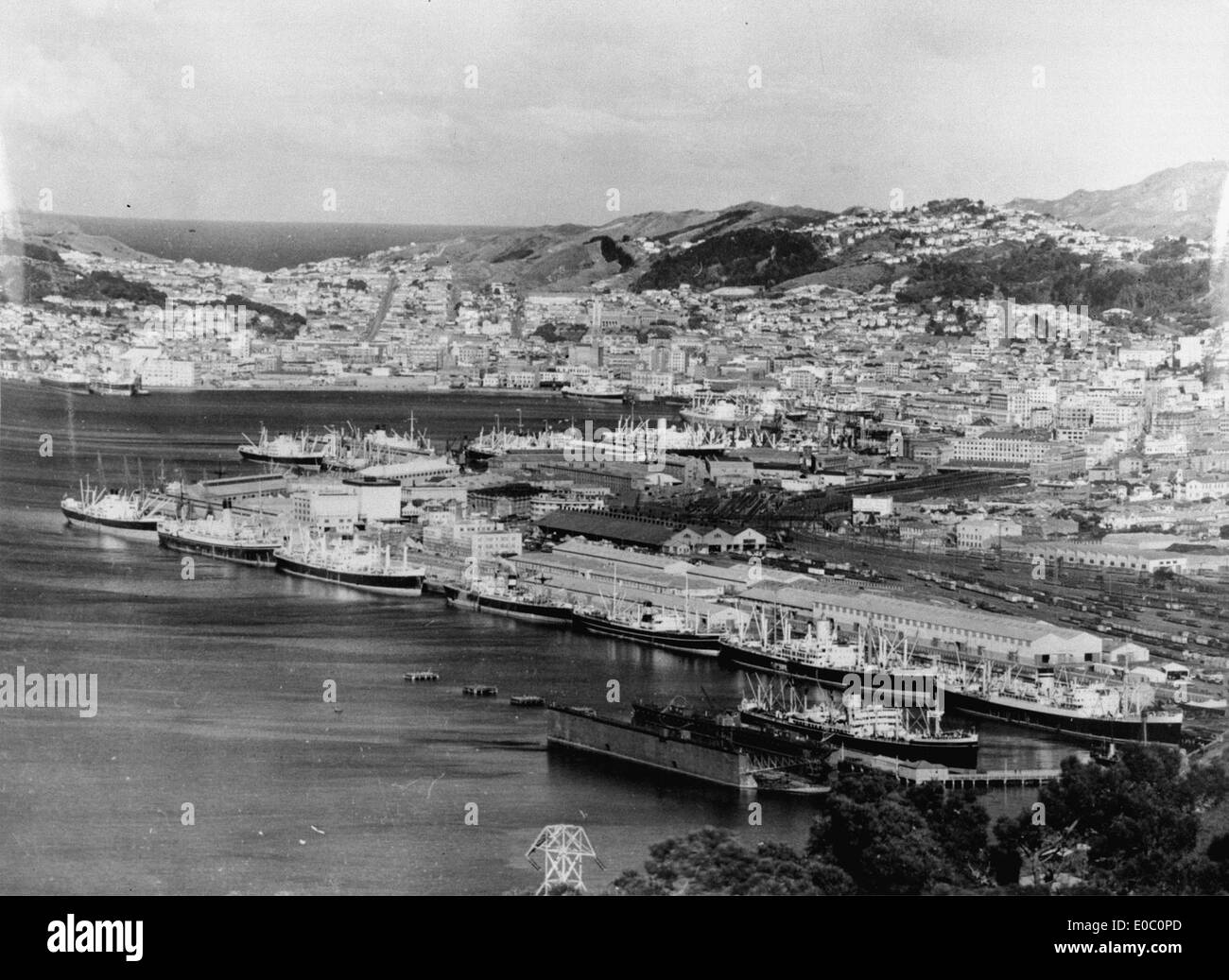This image shows ships docked in Wellington Harbour during the 1951 wharf strike, a pivotal event in New Zealand's labor history that had significant economic and political implications. Stock Photo
