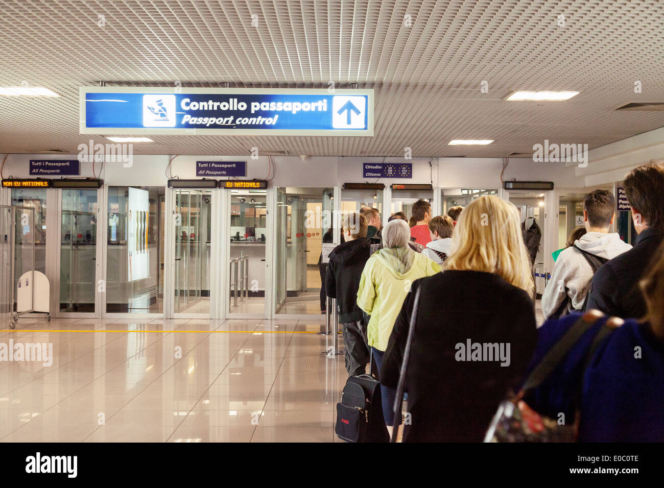 Italian passport control for immigration, Rome Fiumicino airport , Rome Italy Europe Stock Photo