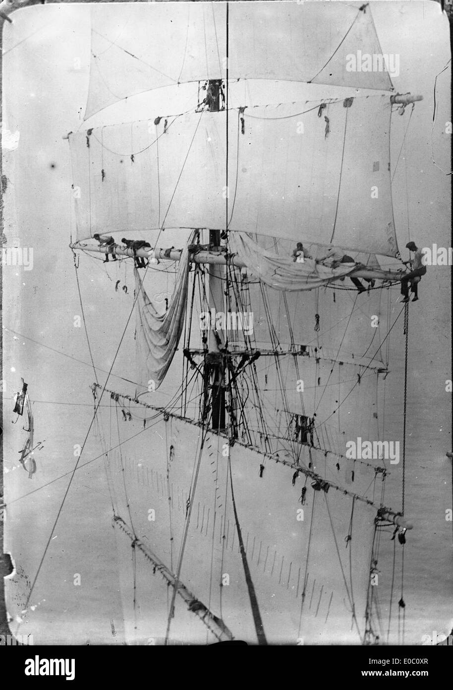 Rigging and sailors, ca 1900 Stock Photo