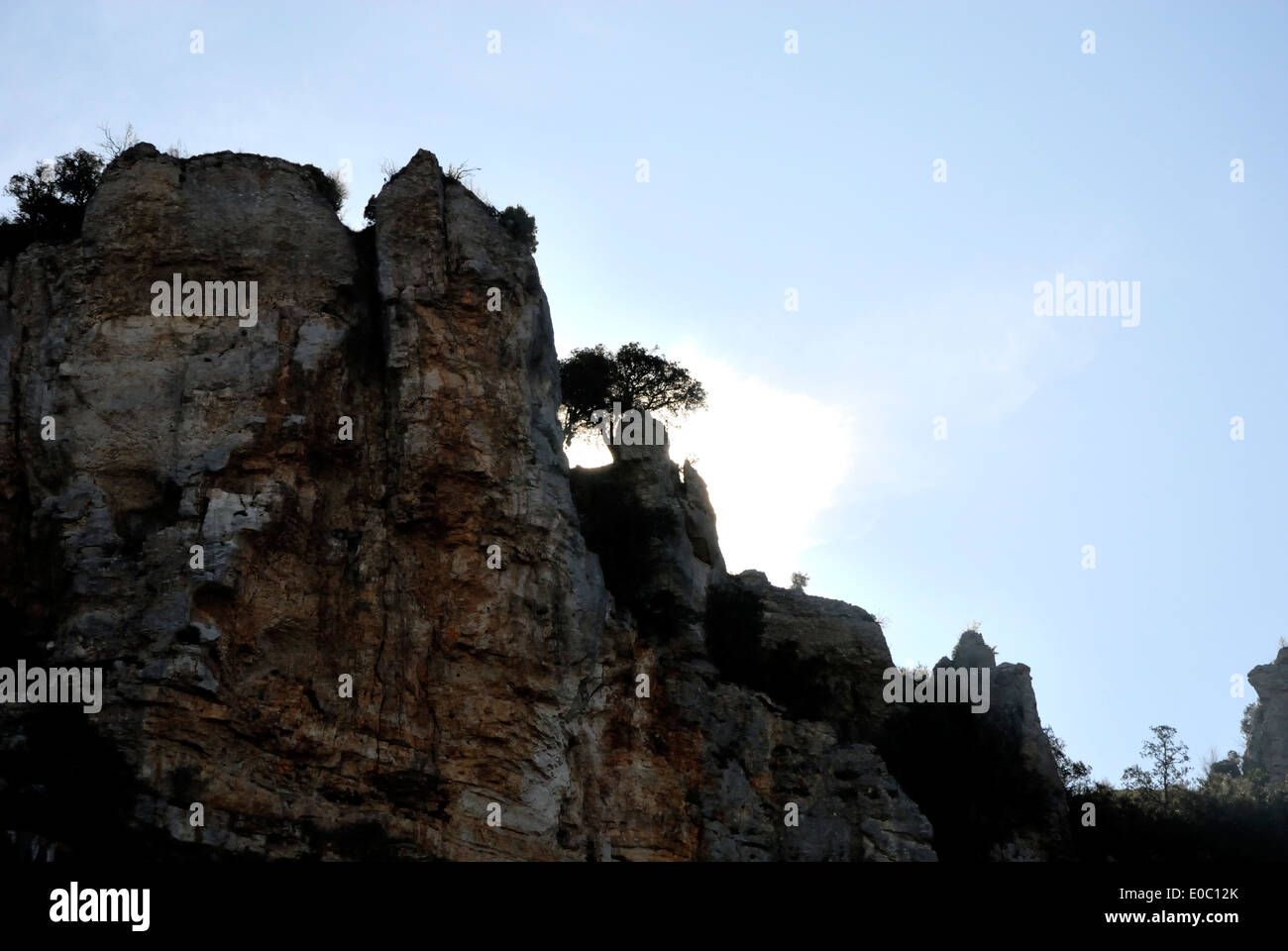 sunrise out of a Crag a tree shading Stock Photo
