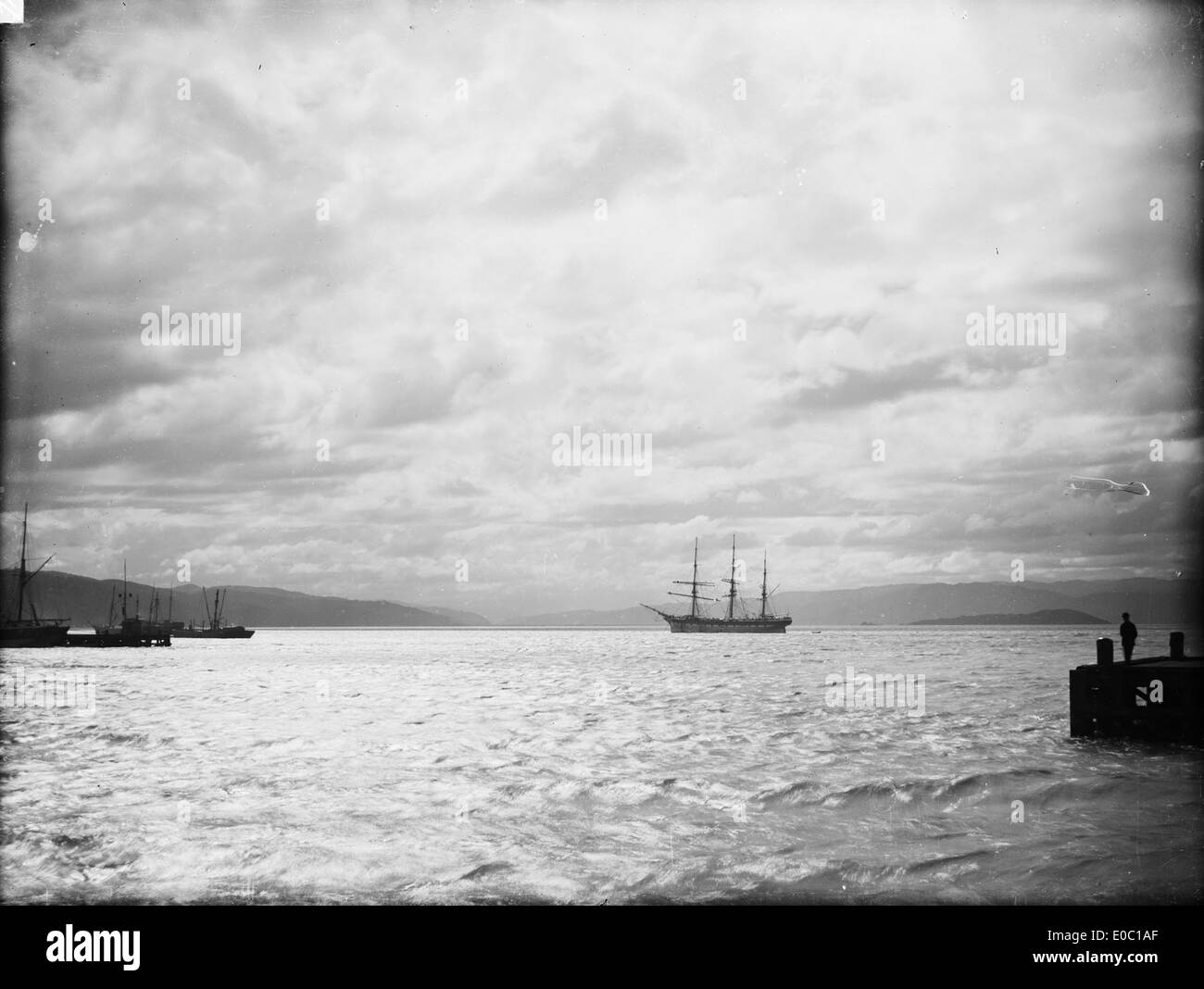 A view of Wellington Harbour under semi-moonlight in the 1880s. This scene captures a ship sailing on the water, with the serene moonlit reflection adding to the historical ambiance of Wellington in New Zealand. Stock Photo
