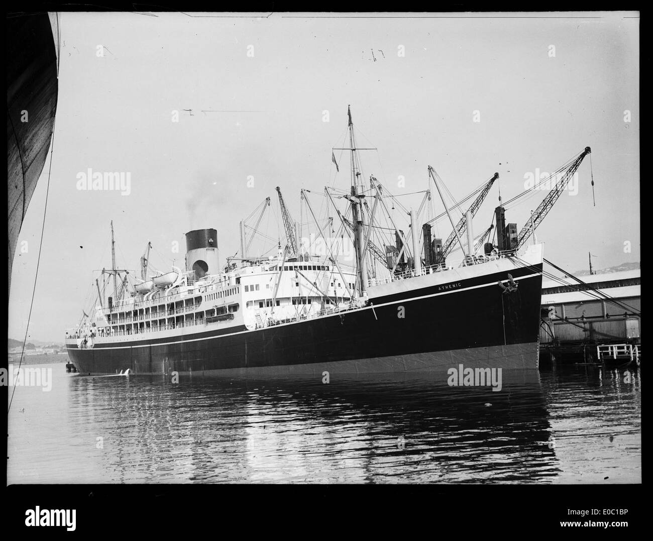 A photograph of the SS Athenic, likely docked in Wellington Harbour during the late 1940s, illustrating the post-war shipping activities in New Zealand. Stock Photo