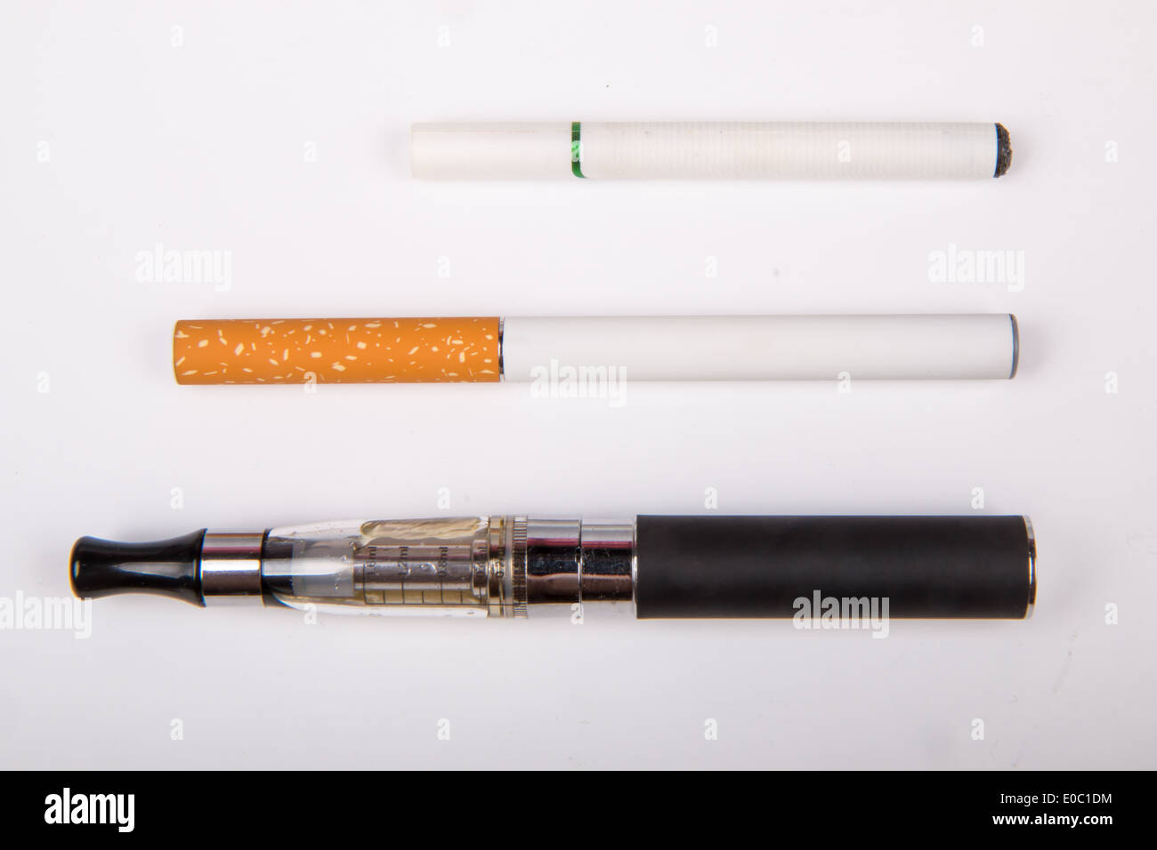 Various types of e-cigarettes: vaporiser, rechargeable, disposable Stock Photo