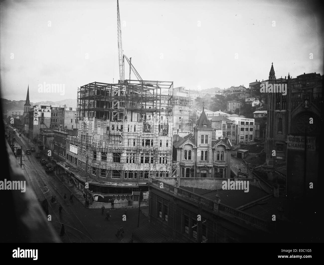 Willis and Boulcott Streets, Wellington, with the Hotel St George under construction, 1930 Stock Photo