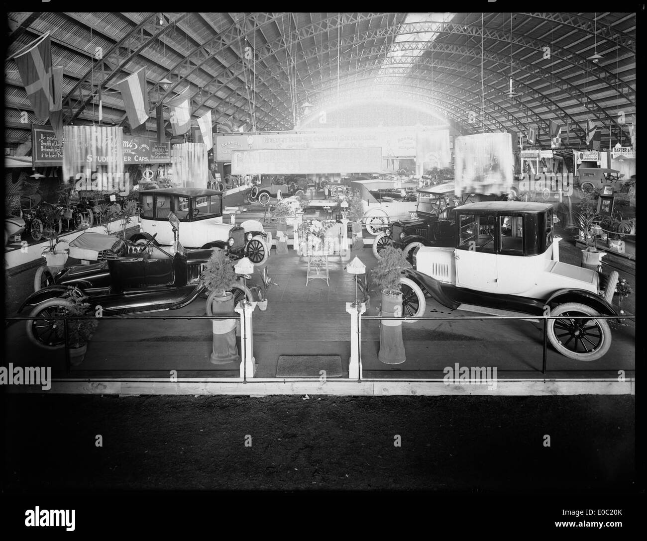 The Olympia Motor Show held at the King Edward Barracks in Christchurch, New Zealand, in November 1921. This photograph captures the early days of the motor industry and vintage automobiles on display. Stock Photo