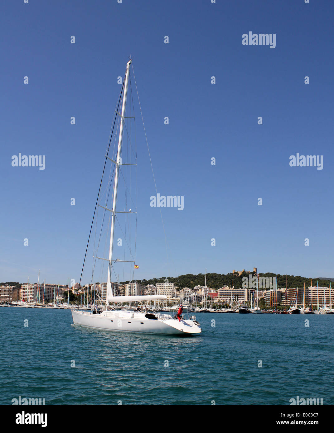 Luxury Mallorca - Luxury Sailing Yacht - Palma Paseo Maritimo + marinas + historic Belver Castle - Palma de Mallorca / Majorca Stock Photo