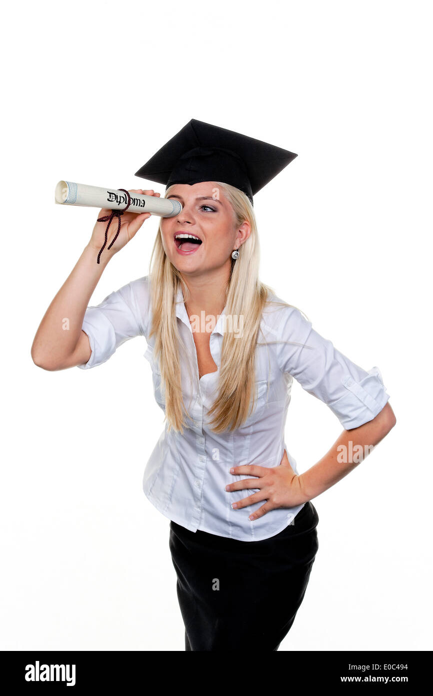 Young woman with doctor Hut looks for job:, Junge Frau mit Doktor Hut sucht Arbeit: Stock Photo
