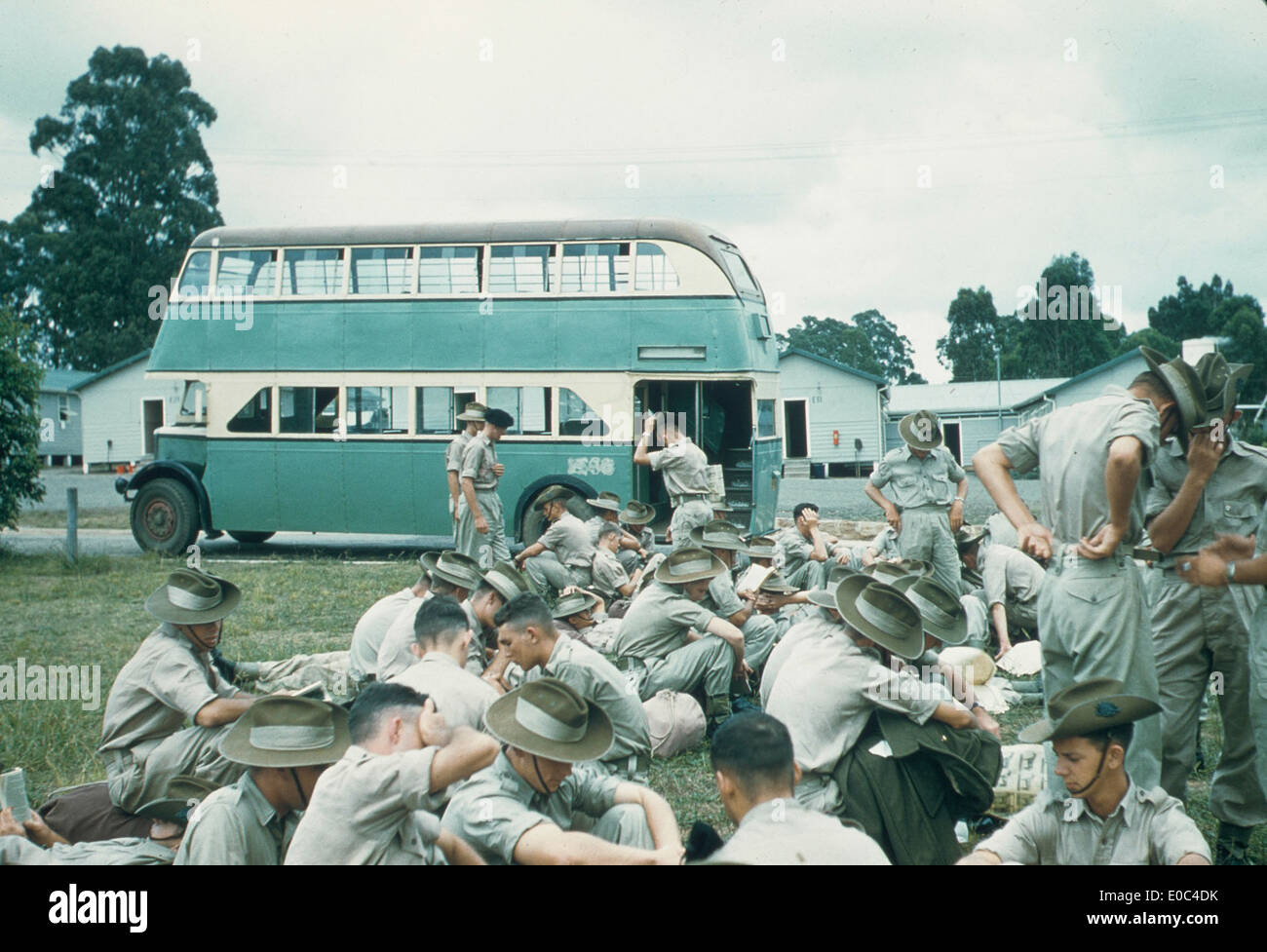 A photograph showing National Servicemen waiting to return home after ...