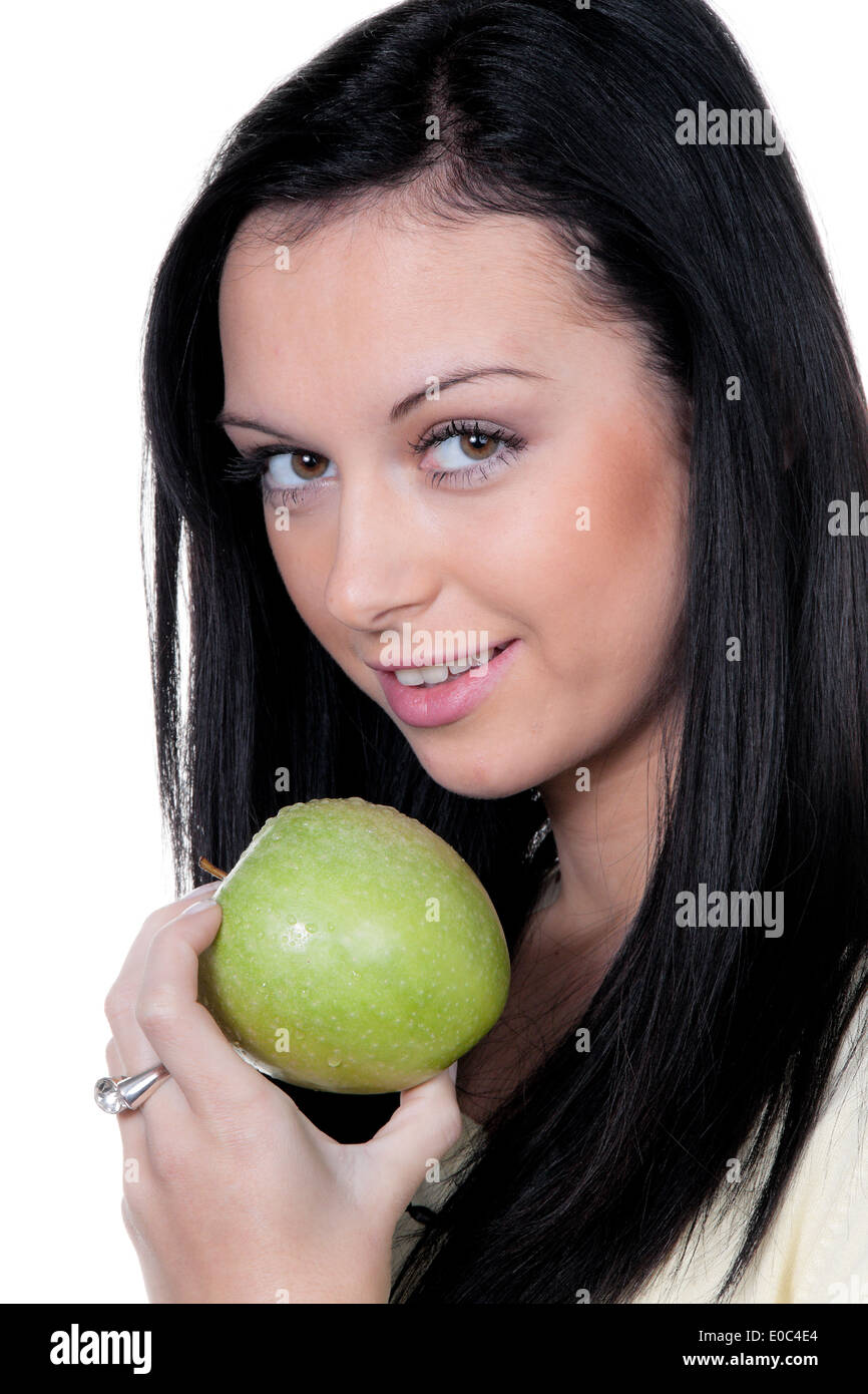 Woman with apple, fruit and vitamins with diet, Frau mit Apfel, Obst und Vitaminen bei Diaet Stock Photo