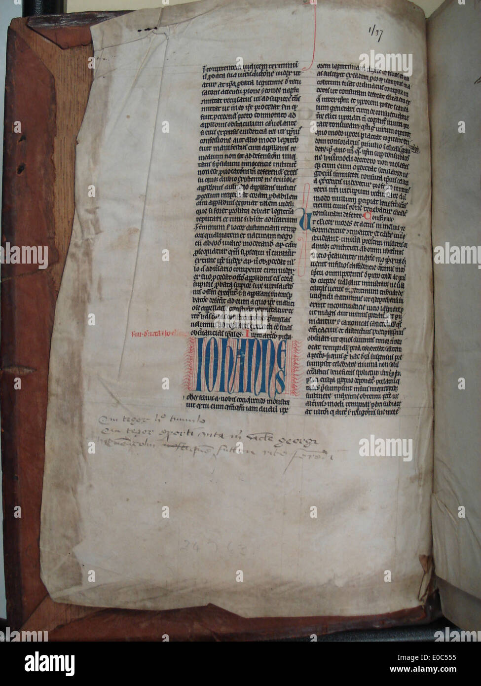 Vellum fragment used as a pastedown in the binding process Stock Photo