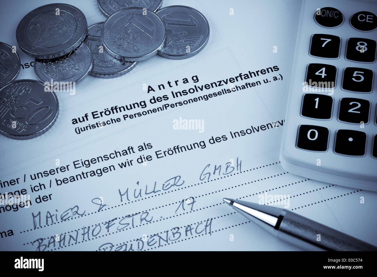 The application for a bankruptcy for enterprise in Germany, Der Antrag fuer einen Konkurs fuer Unternehmen in Deutschland Stock Photo