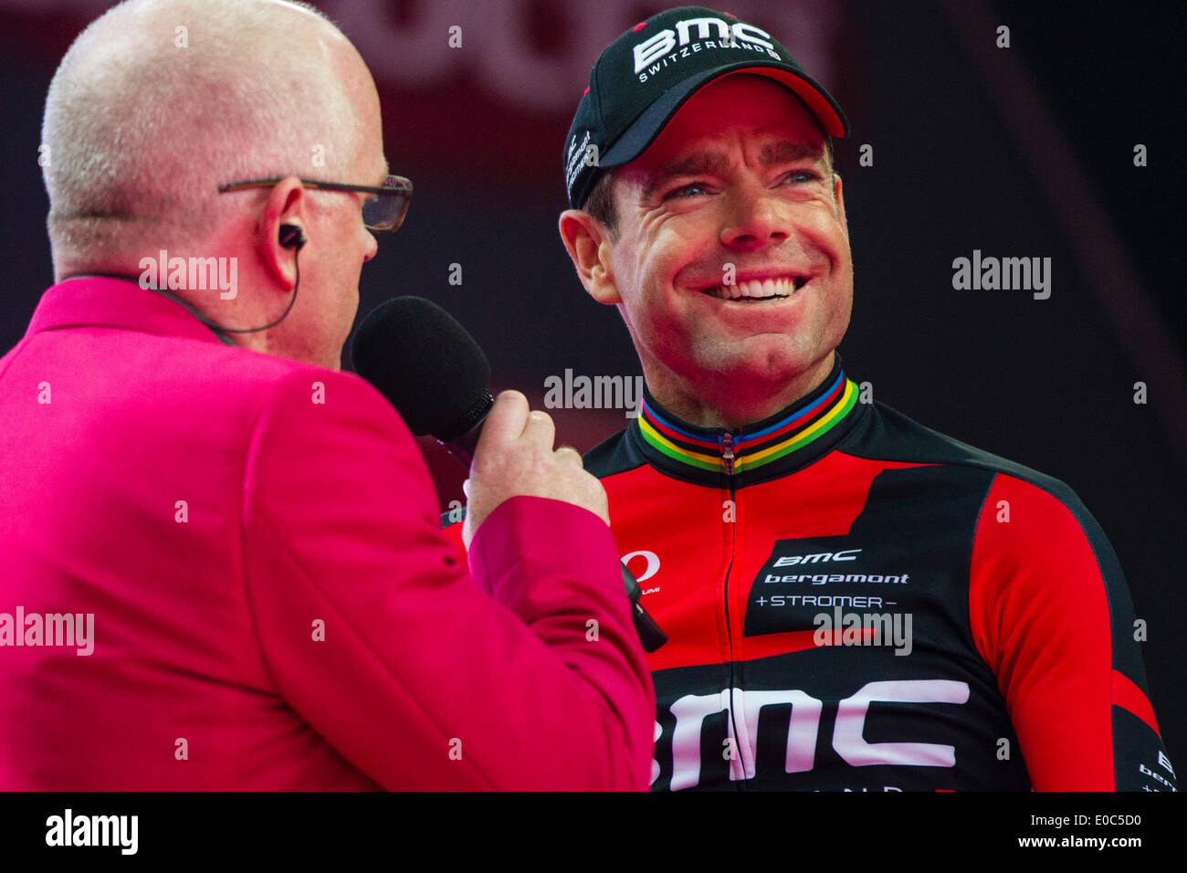 Belfast, N.Ireland. 8th May 2014. Cadel EVANS, leader of the BMC Racing Team, interviewed during the Opening Ceremony for the Big Start of the Giro d'Italia from Belfast City Hall. Credit:  Action Plus Sports Images/Alamy Live News Stock Photo