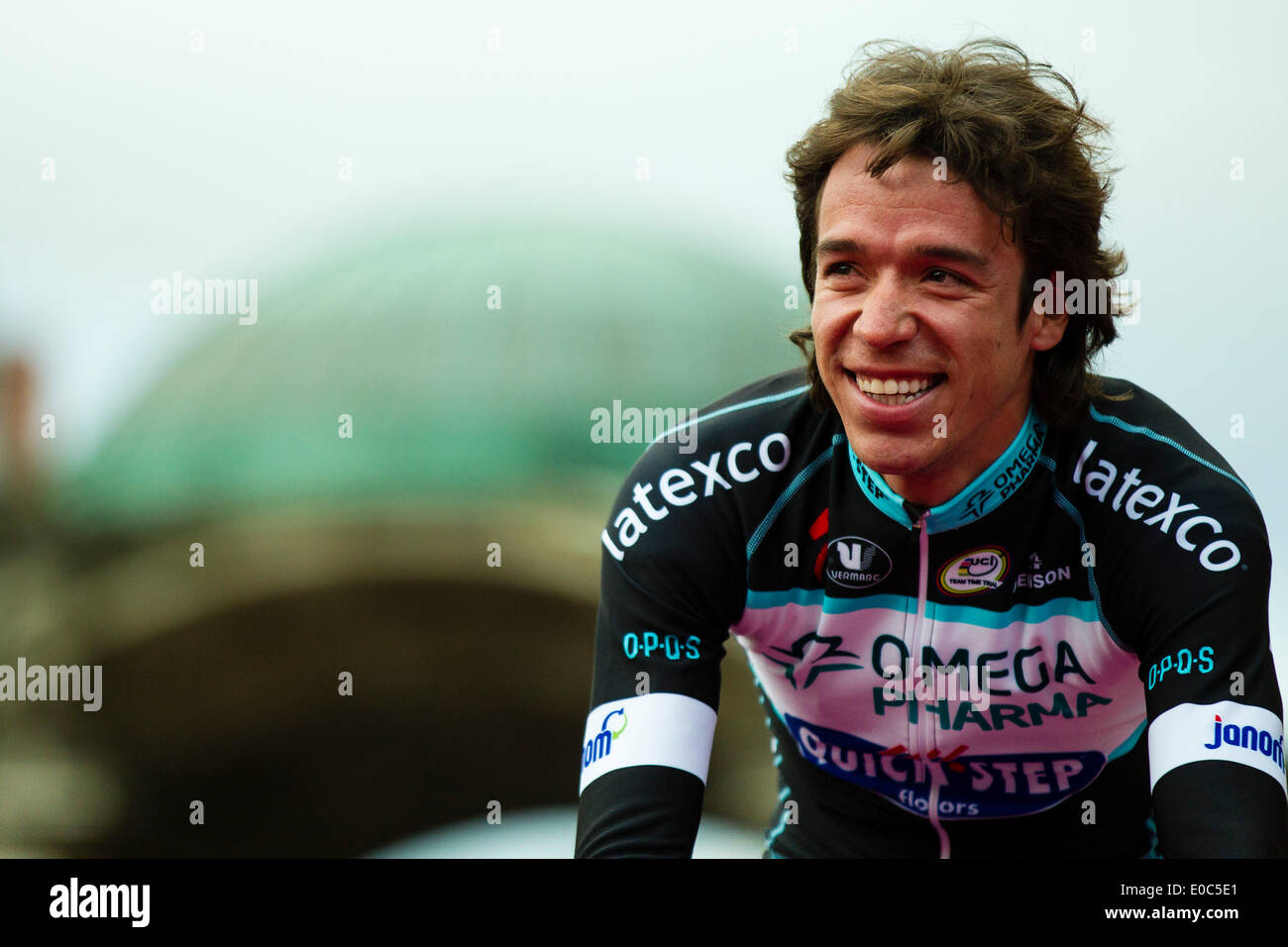 Belfast, N.Ireland. 8th May 2014. Rigoberto URAN, team leader of Omega Pharma - Quick-Step, cycles out during the Opening Ceremony for the Big Start of the Giro d'Italia from Belfast City Hall. Credit:  Action Plus Sports Images/Alamy Live News Stock Photo