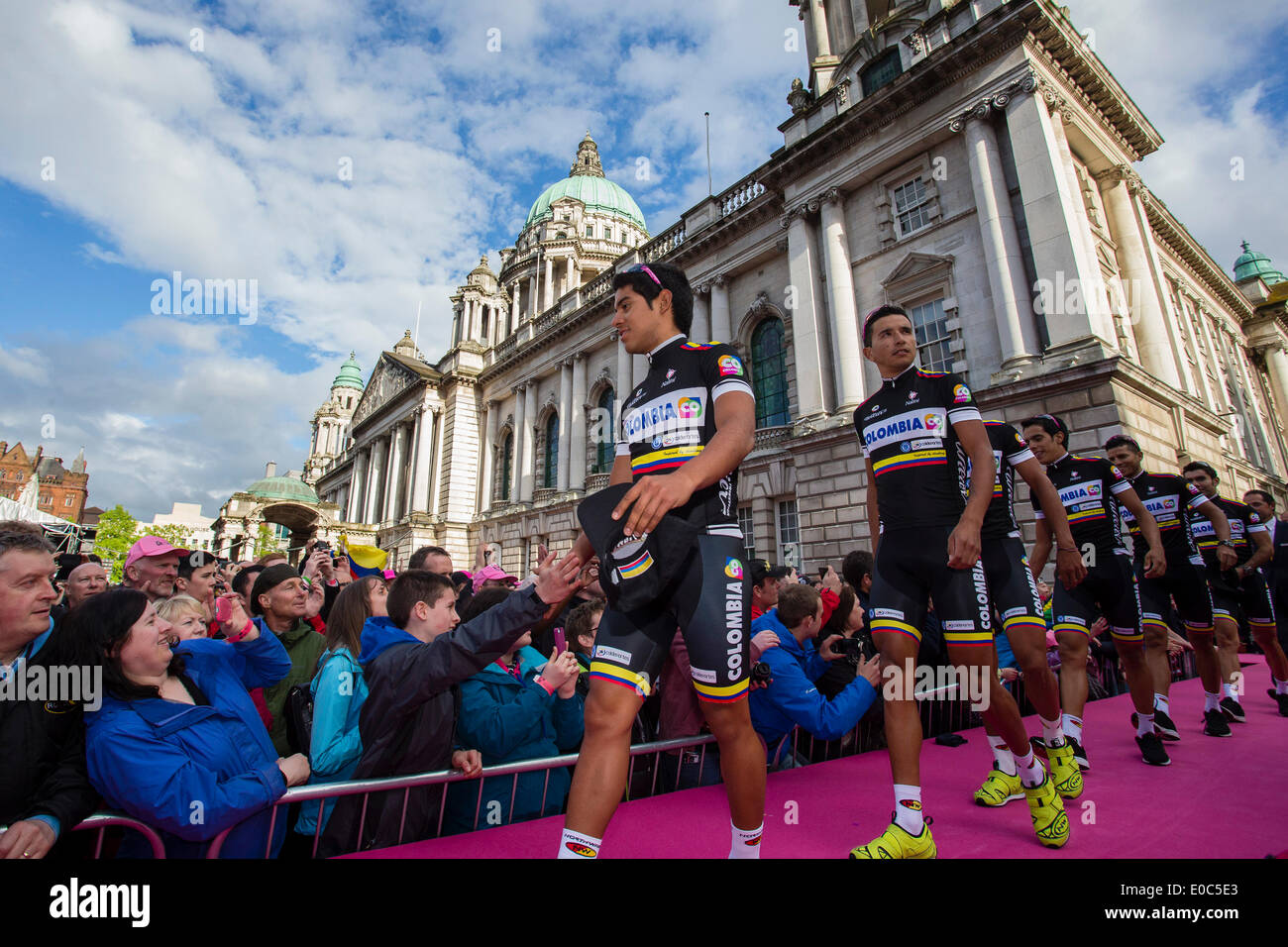 Belfast, N.Ireland. 8th May 2014. Team Colombia are lead out during the Opening Ceremony for the Big Start of the Giro d'Italia from Belfast City Hall. Credit:  Action Plus Sports Images/Alamy Live News Stock Photo