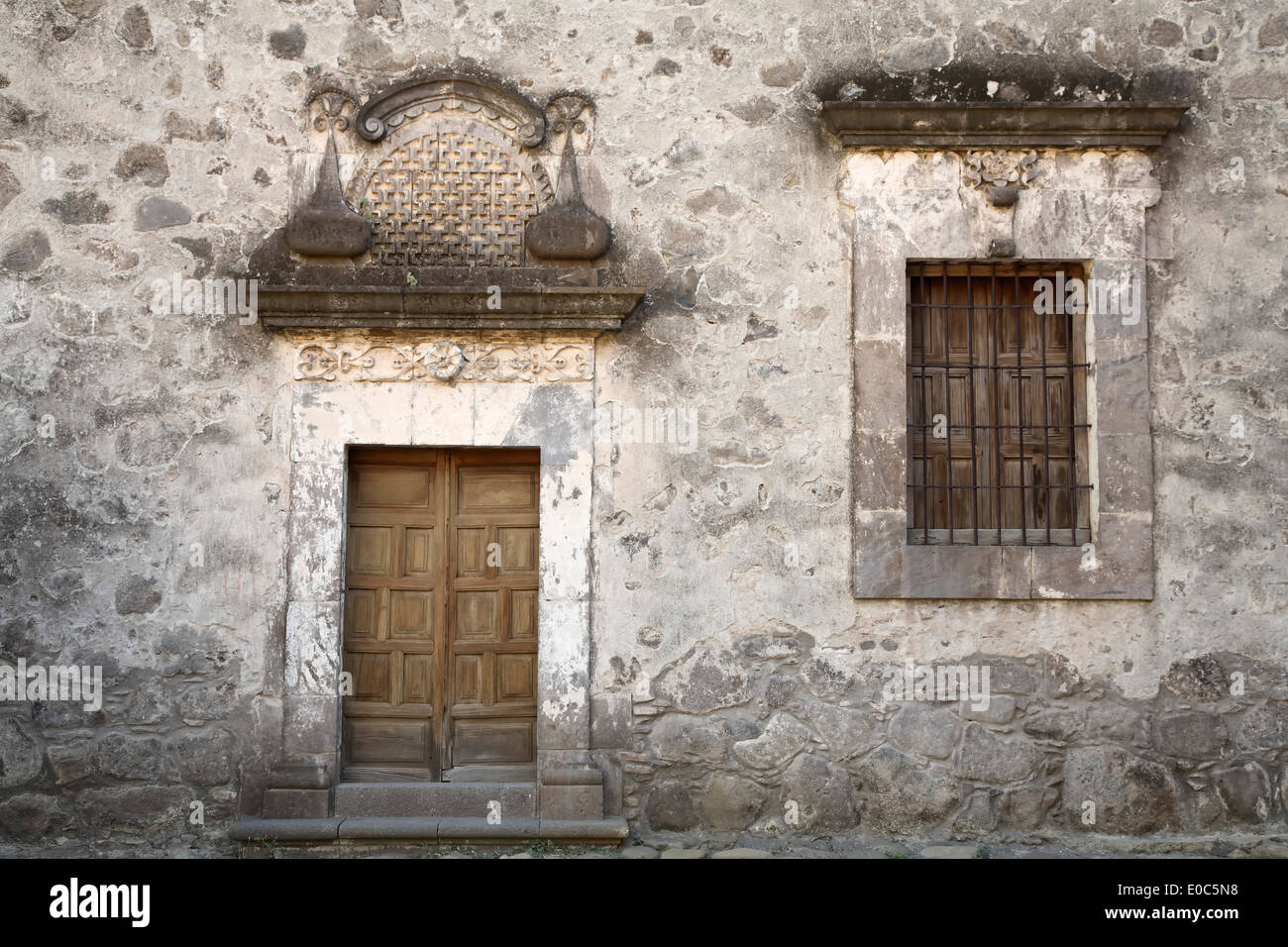 Door and window, San Javier Mission (ca. 1758), San Javier, near Loreto, Baja California Sur, Mexico Stock Photo