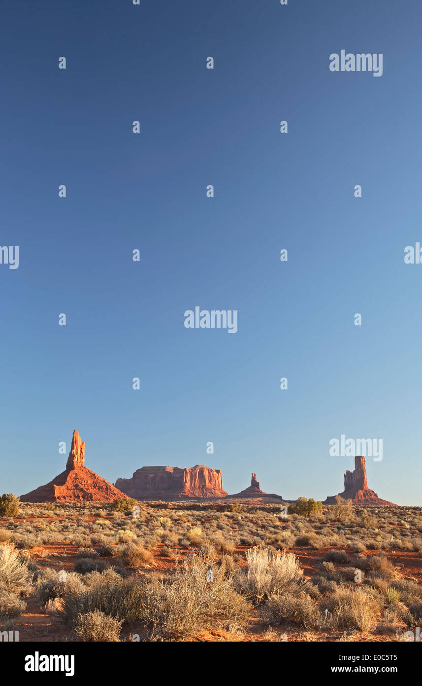 Big Indian (L) and other buttes, Monument Valley, Arizona Utah border USA Stock Photo