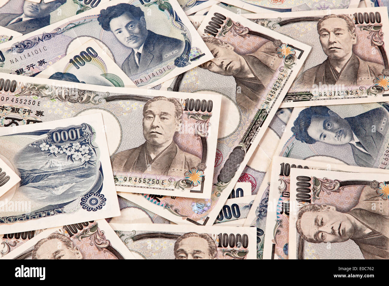 A lot of Japanese money notes the yen currency, Viele japanische Geld Scheine der Yen Waehrung Stock Photo
