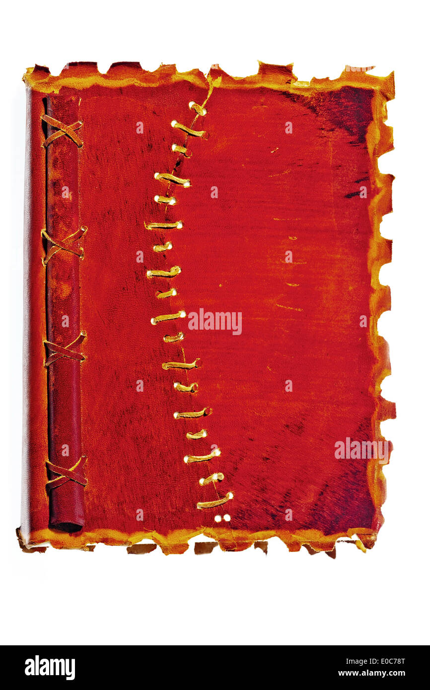 An old diary or notebook with a leather binding. Lies on white background., Ein altes Tagebuch oder Notizbuch mit einem Lederein Stock Photo