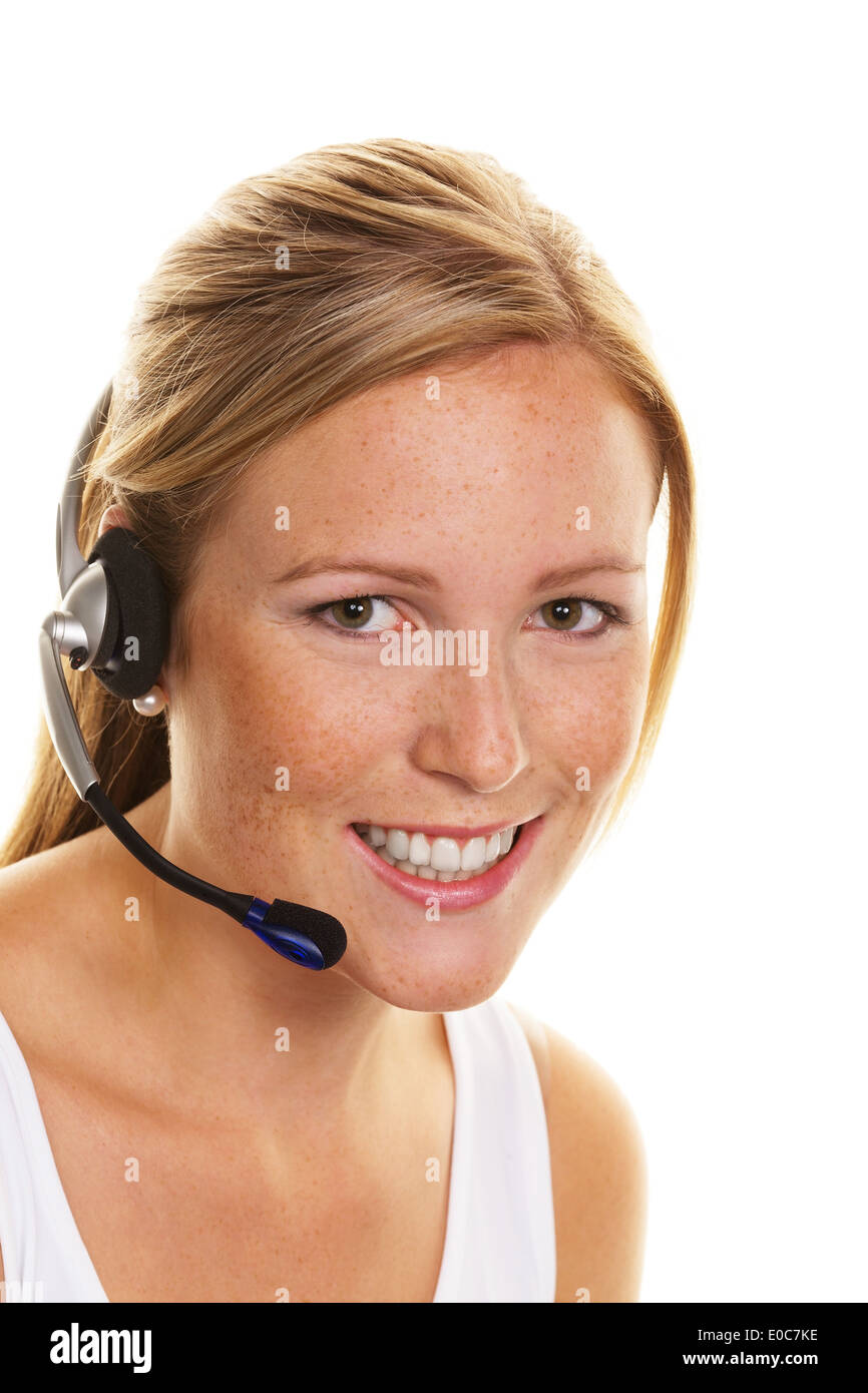Woman with Headset phone in the customer service. Order acceptance and hotline, Frau mit Headset Telefon im Kundenservice. Auftr Stock Photo