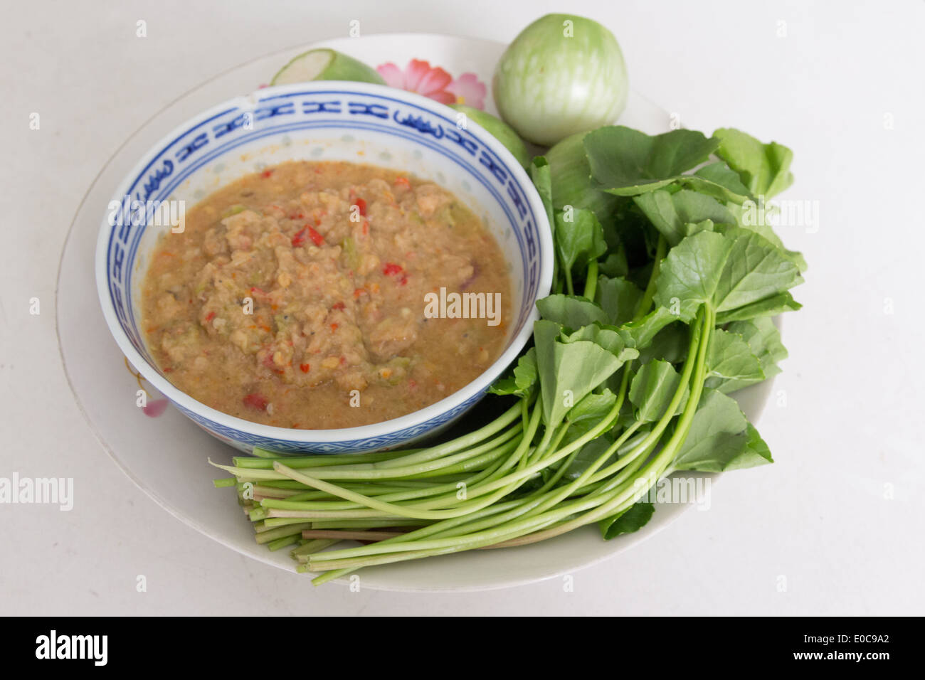 fried mackerel with shrimp paste sauce with vegetable Stock Photo