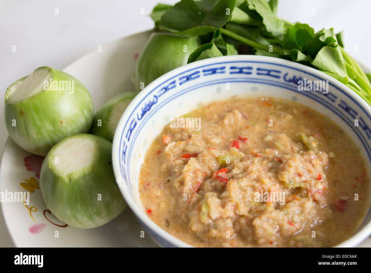 fried mackerel with shrimp paste sauce with vegetable Stock Photo