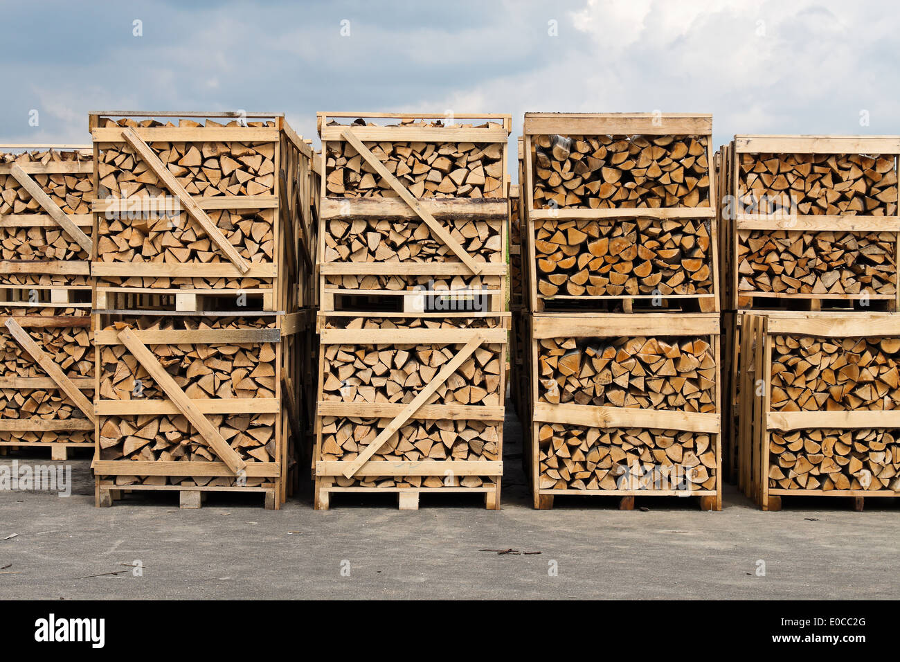 A big wood pile for firewood on a resting place, Ein grosser Holz Stapel fuer Brennholz auf einem Lagerplatz Stock Photo