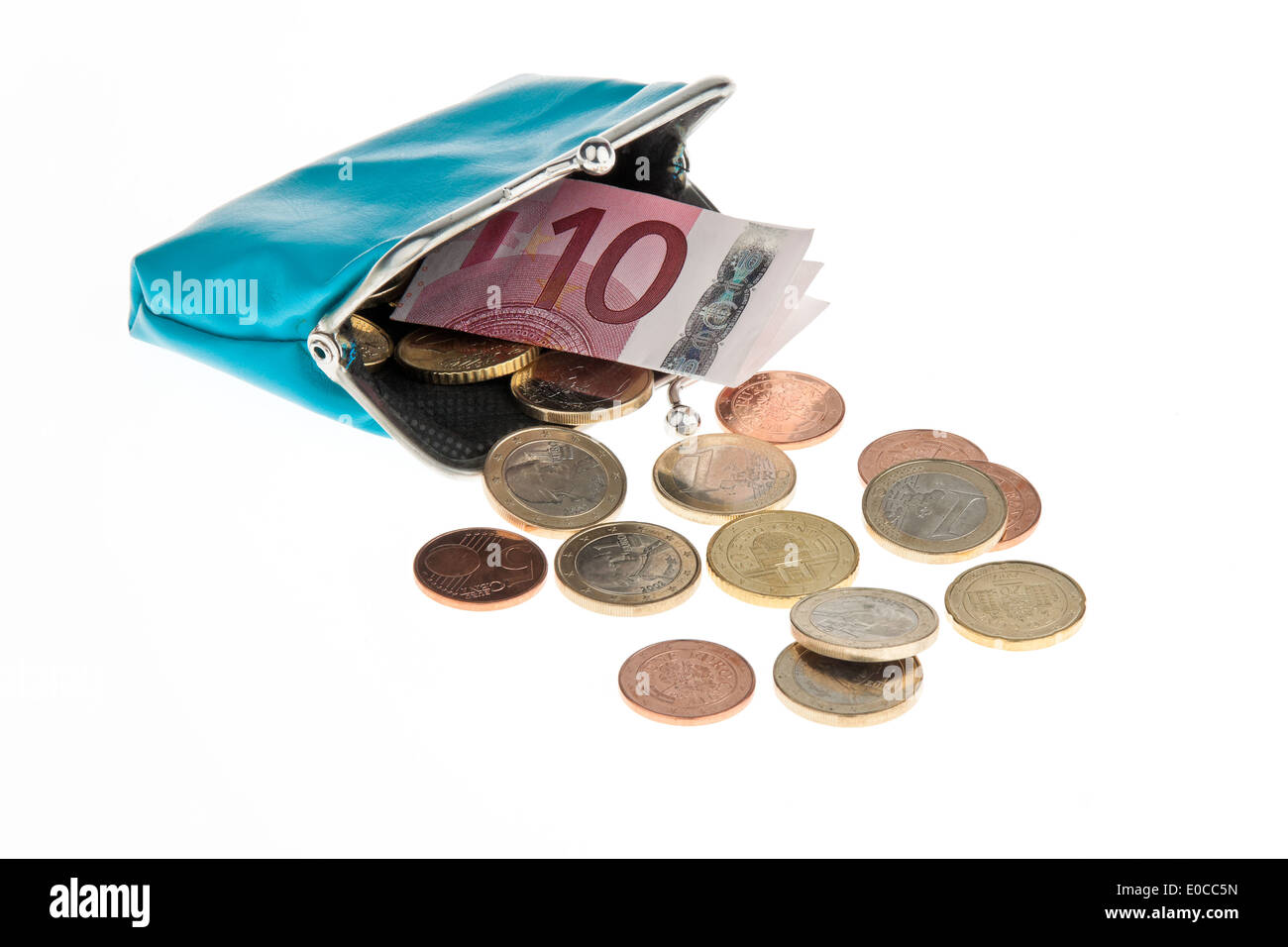 A change purse with euro of bank notes and coins, Eine Geldboerse mit Euro Geldscheinen und Muenzen Stock Photo