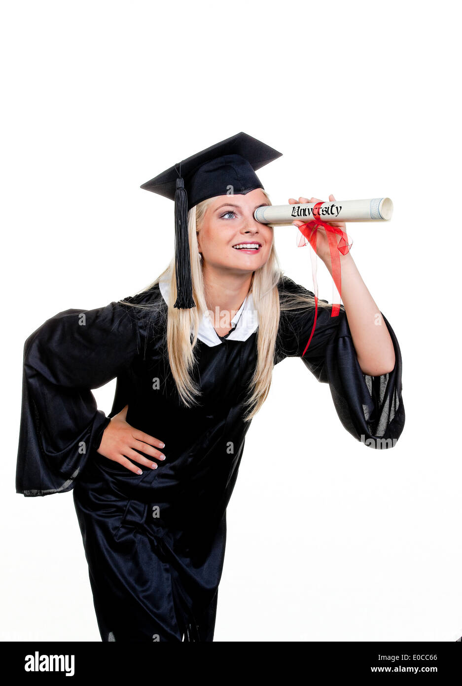 Young woman with doctor Hut looks for job:, Junge Frau mit Doktor Hut sucht Arbeit: Stock Photo