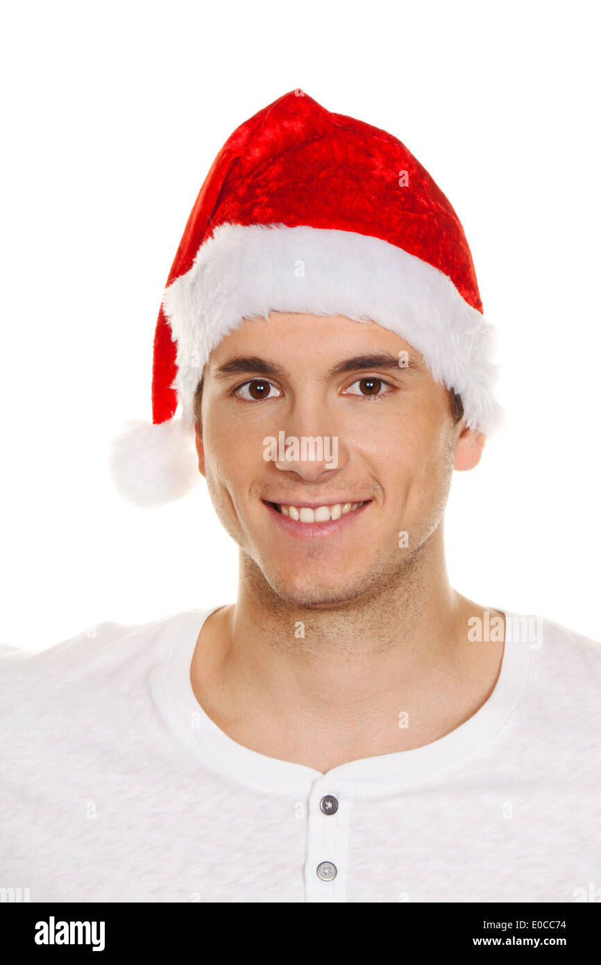 Man with cap of a Santa Claus at Christmas, Mann mit Muetze eines Weihnachtsmannes zu Weihnachten Stock Photo