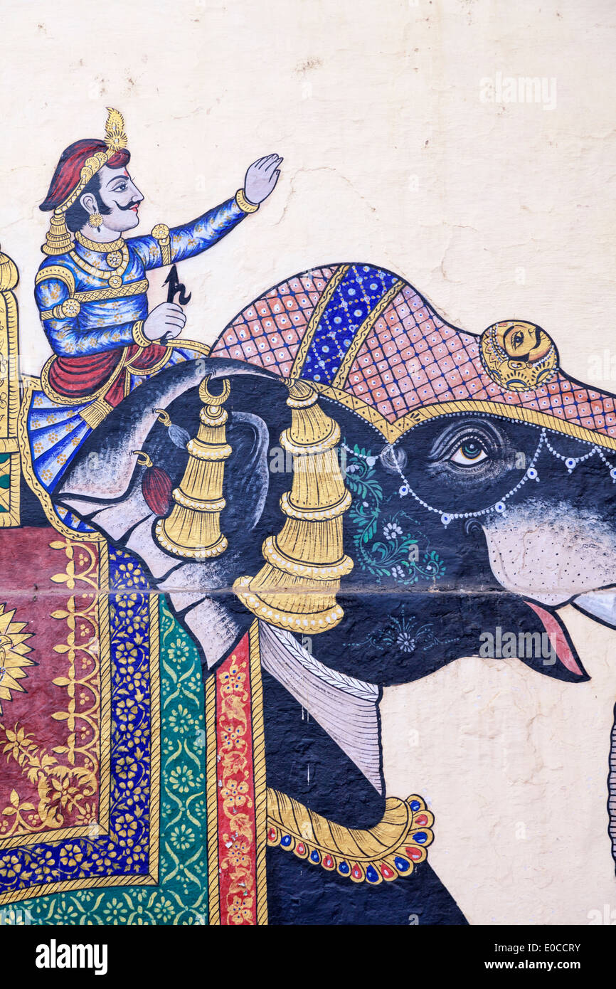 India, Rajasthan, Udaipur, City Palace Complex, detail of wall paintings Stock Photo