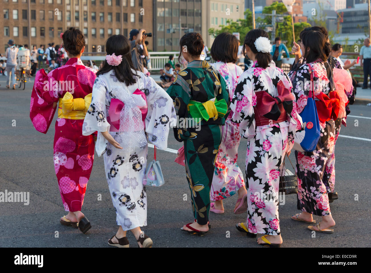 Women in colorful kimono during Tenji Matsuri Festival, Osaka, Japan Stock Photo