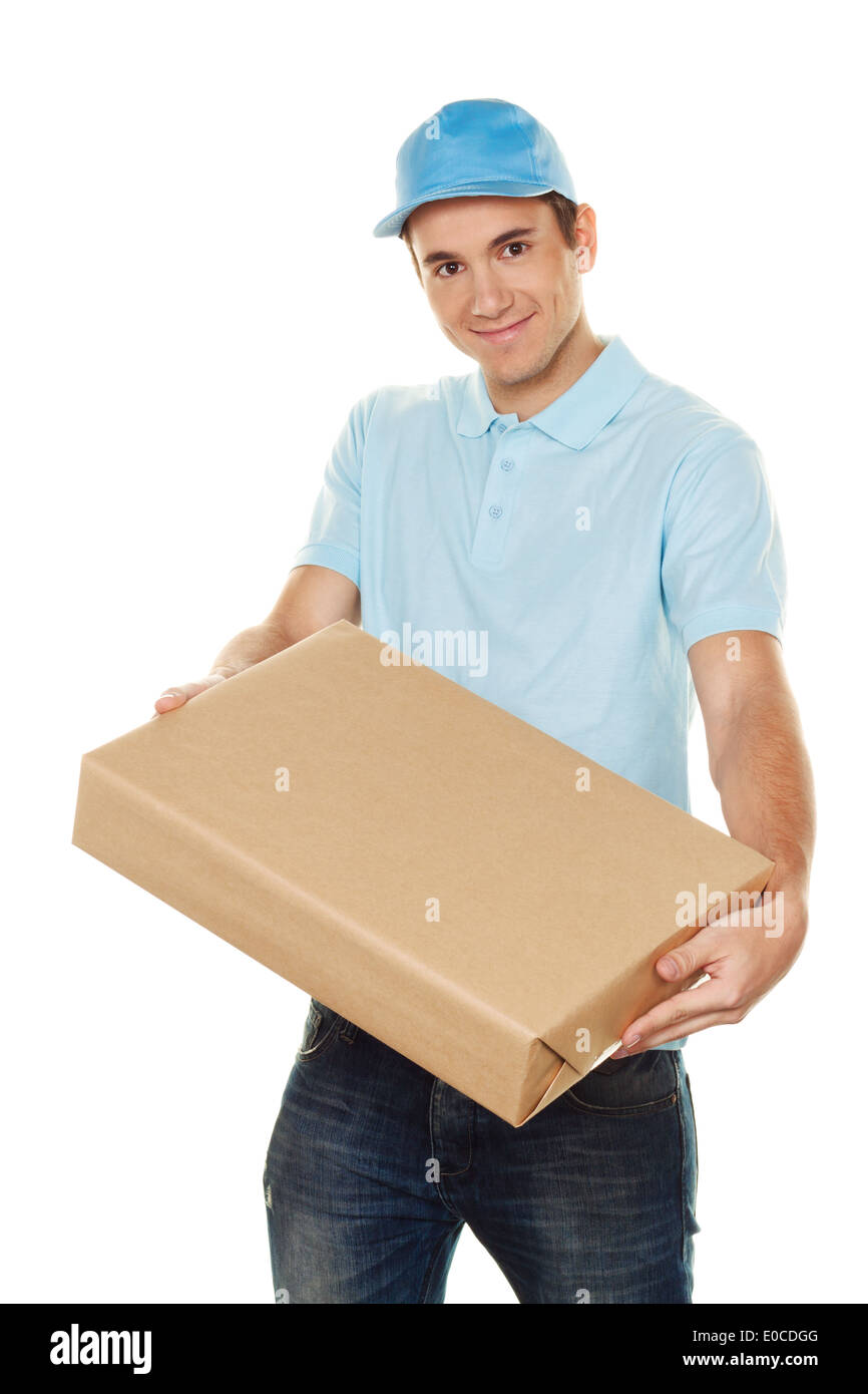 A messenger of messenger service delivers package to post, Ein Bote von Botendienst liefert Post Paket Stock Photo