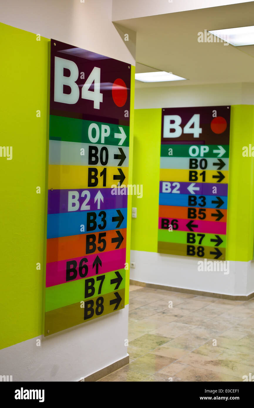 Coloured signs to the orientation in a clinic., Bunte Schilder zur Orientierung in einer Klinik. Stock Photo