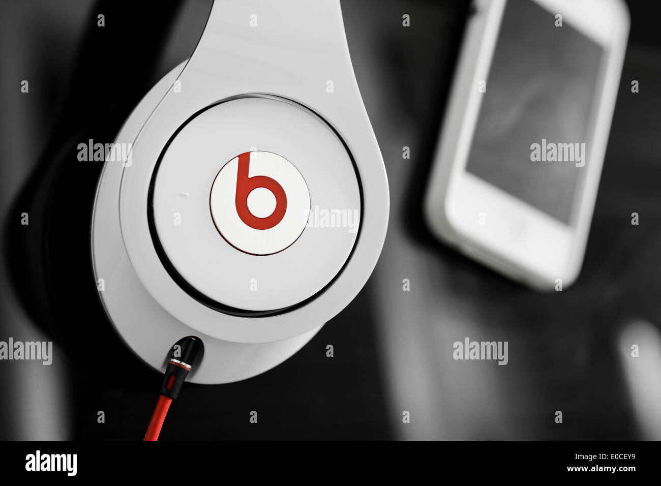 Beats Monster headphones are plugged into an Apple iPhone 4s in Bamberg