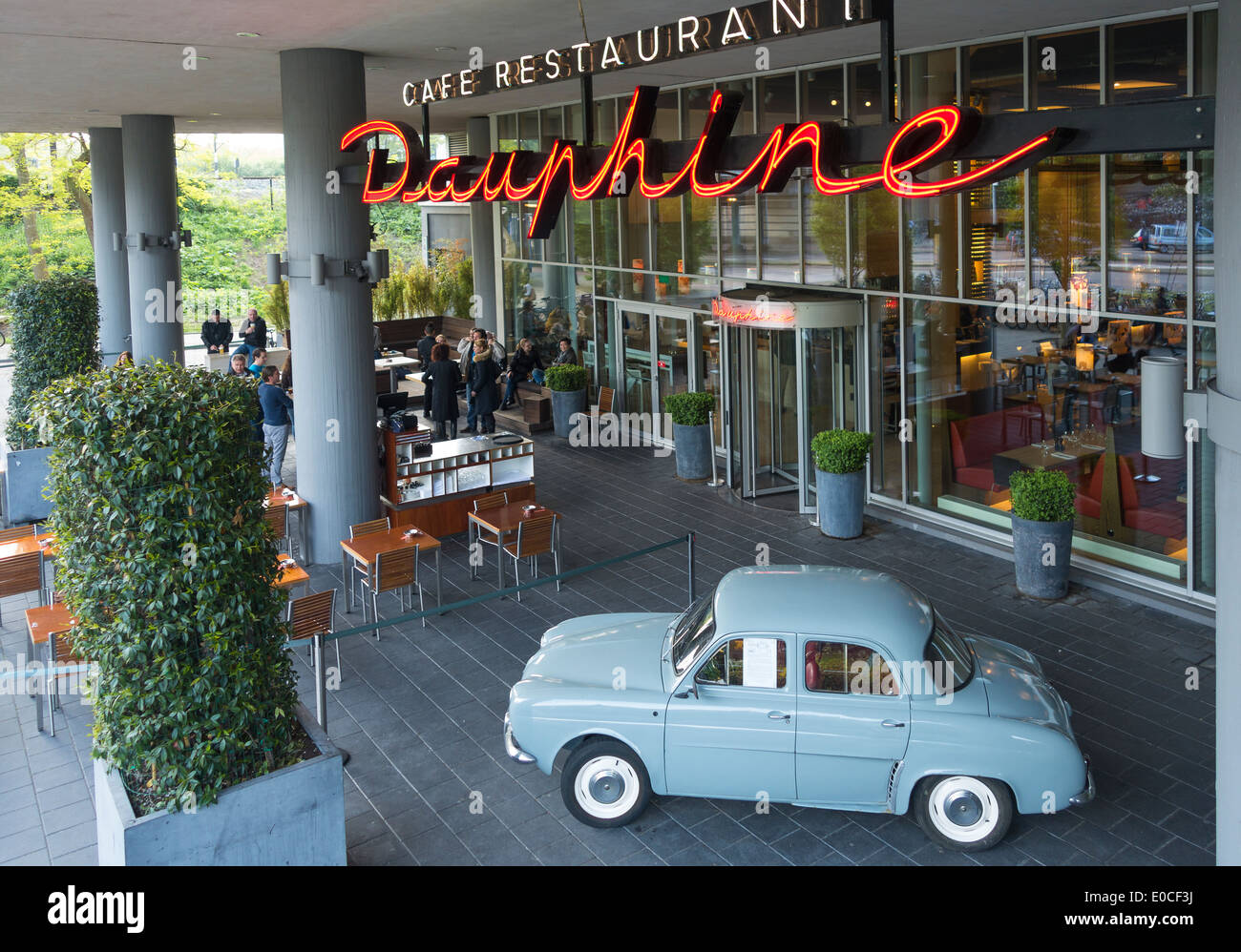 Amsterdam Bar Cafe Restaurant Dauphine Entrance with vintage 1960 Renault Dauphine car. Stock Photo