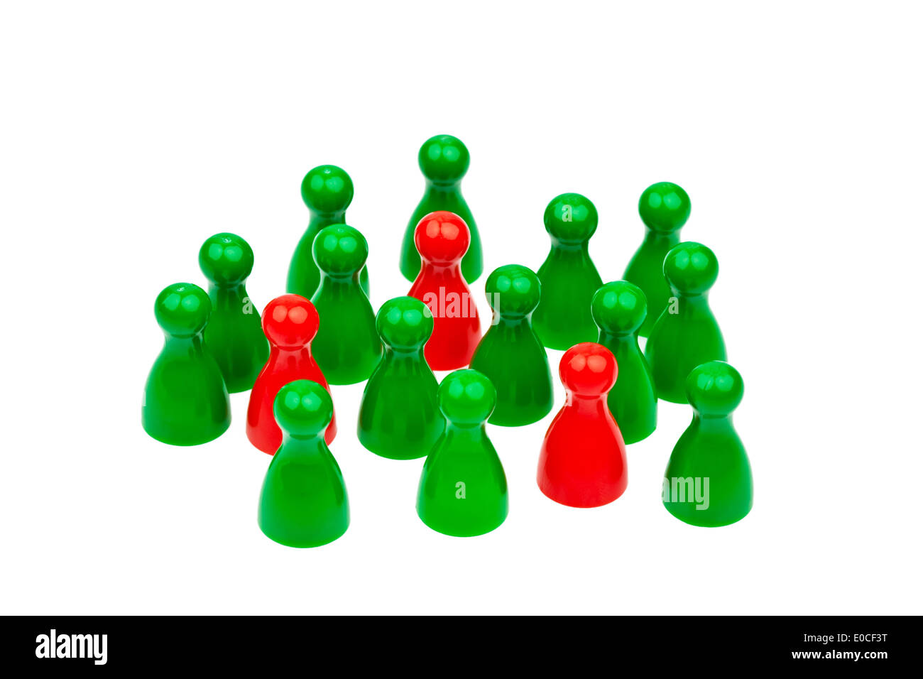 Red and green play figures. Differently in the team. Women's rate in the job., Rote und gruene Spielfiguren. Anders im Team. Fra Stock Photo