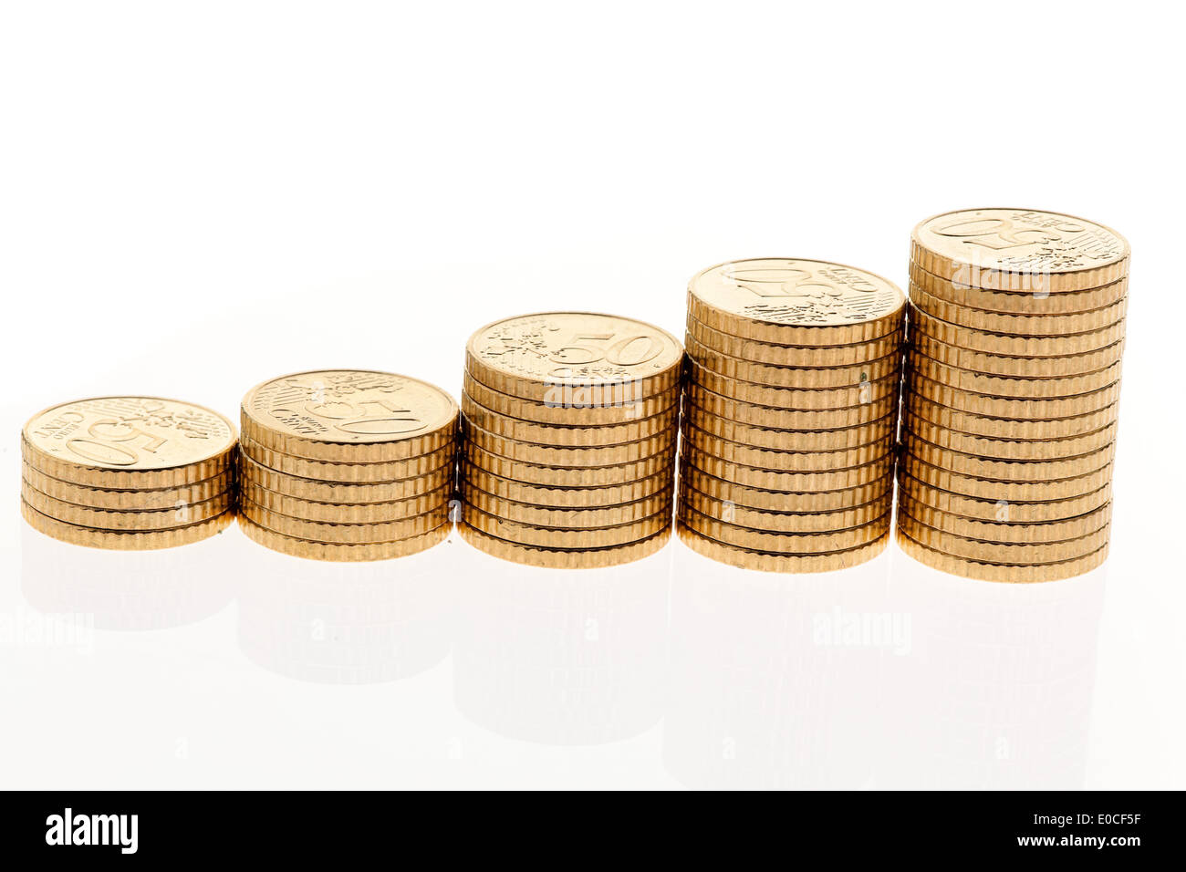 Some piles of euro coins, Einige Stapel von Euro Geld Maeuenzen auf weiﬂem Hintergrund Stock Photo