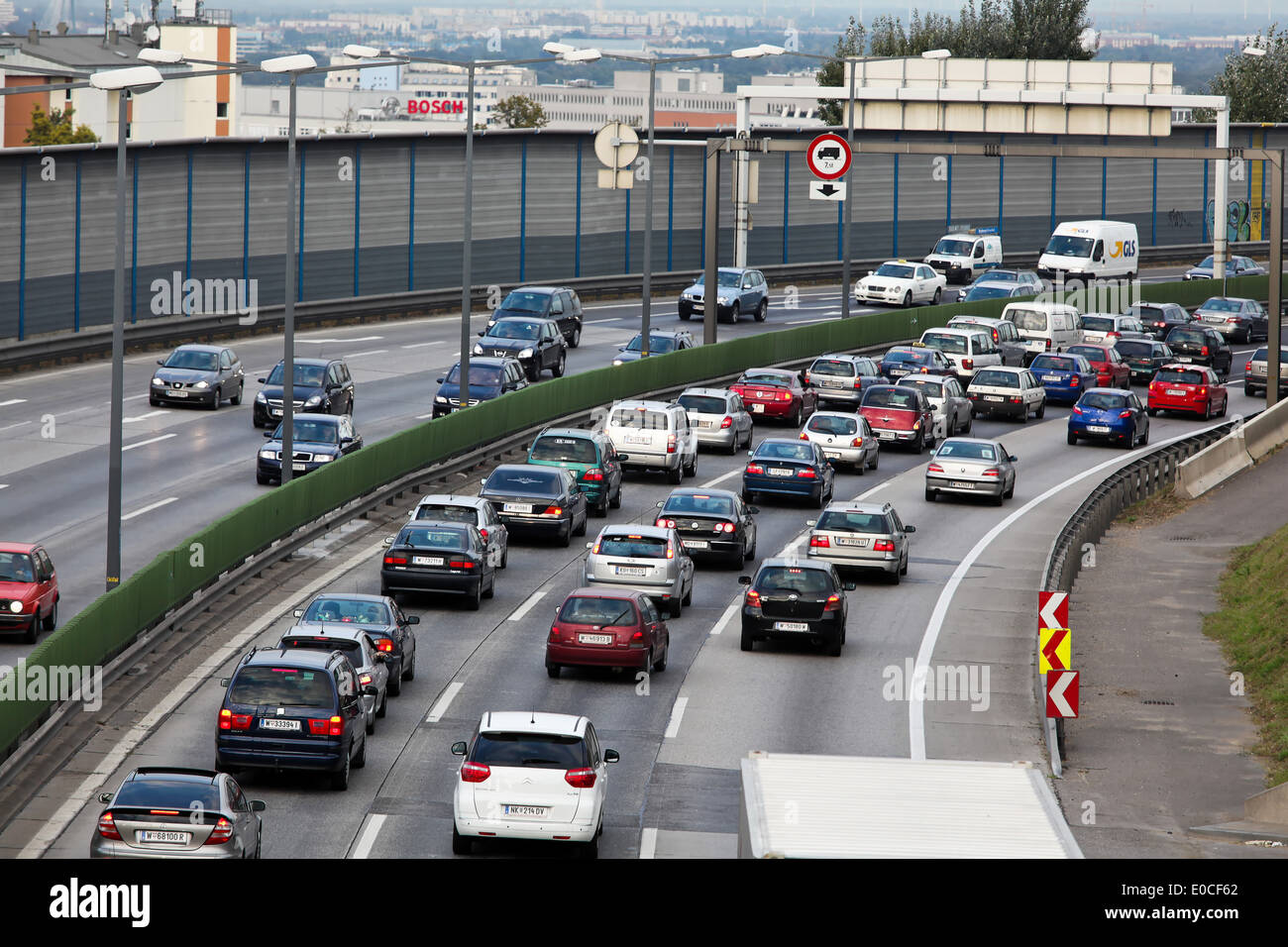 Traffic jam in the traffic by cars on a highway street, Stau im Verkehr mit Autos auf einer Autobahn Strasse Stock Photo