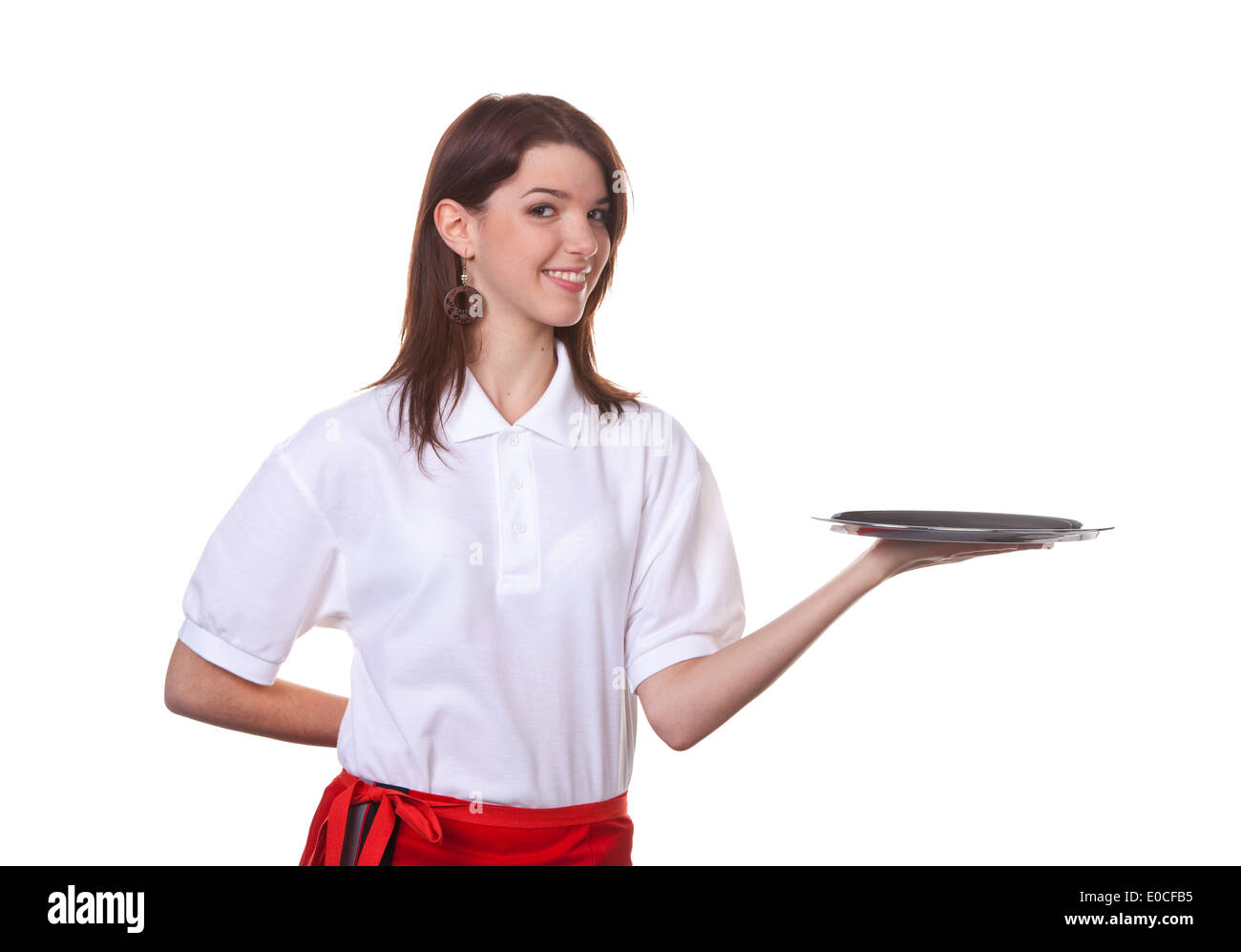 Young woman as a waitress serves drinks on a tray, Junge Frau als Serviererin serviert Getraenke auf einem Tablett Stock Photo