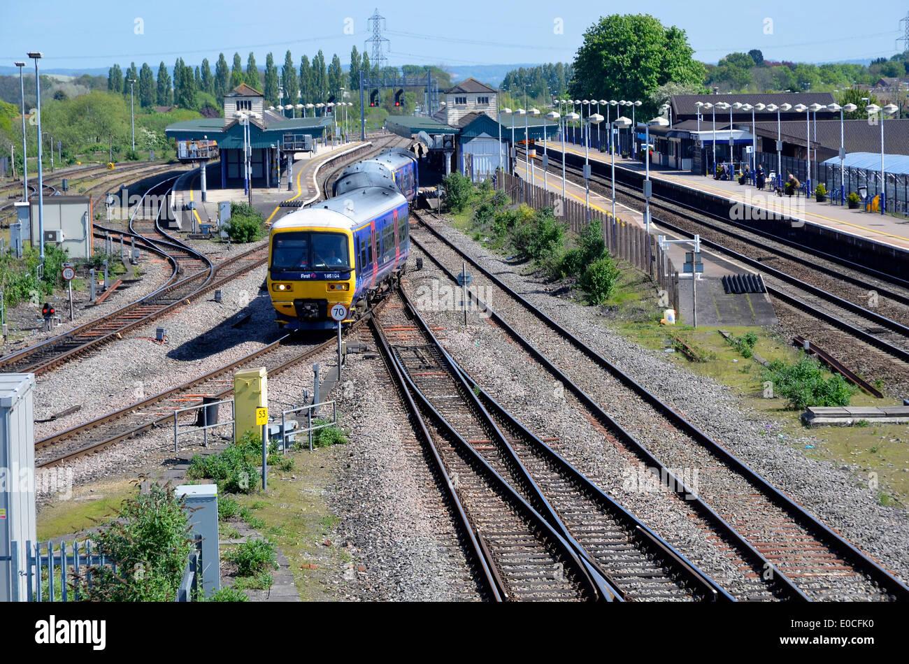 Didcot Parkway railway station on 5th May 2014 with a train turning