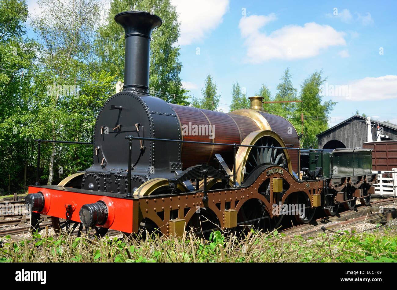 Didcot Railway Centre, home of the Great Western Society. Broad gauge engine 'Iron Duke' (replica) designed by Sir Daniel Gooch. Stock Photo