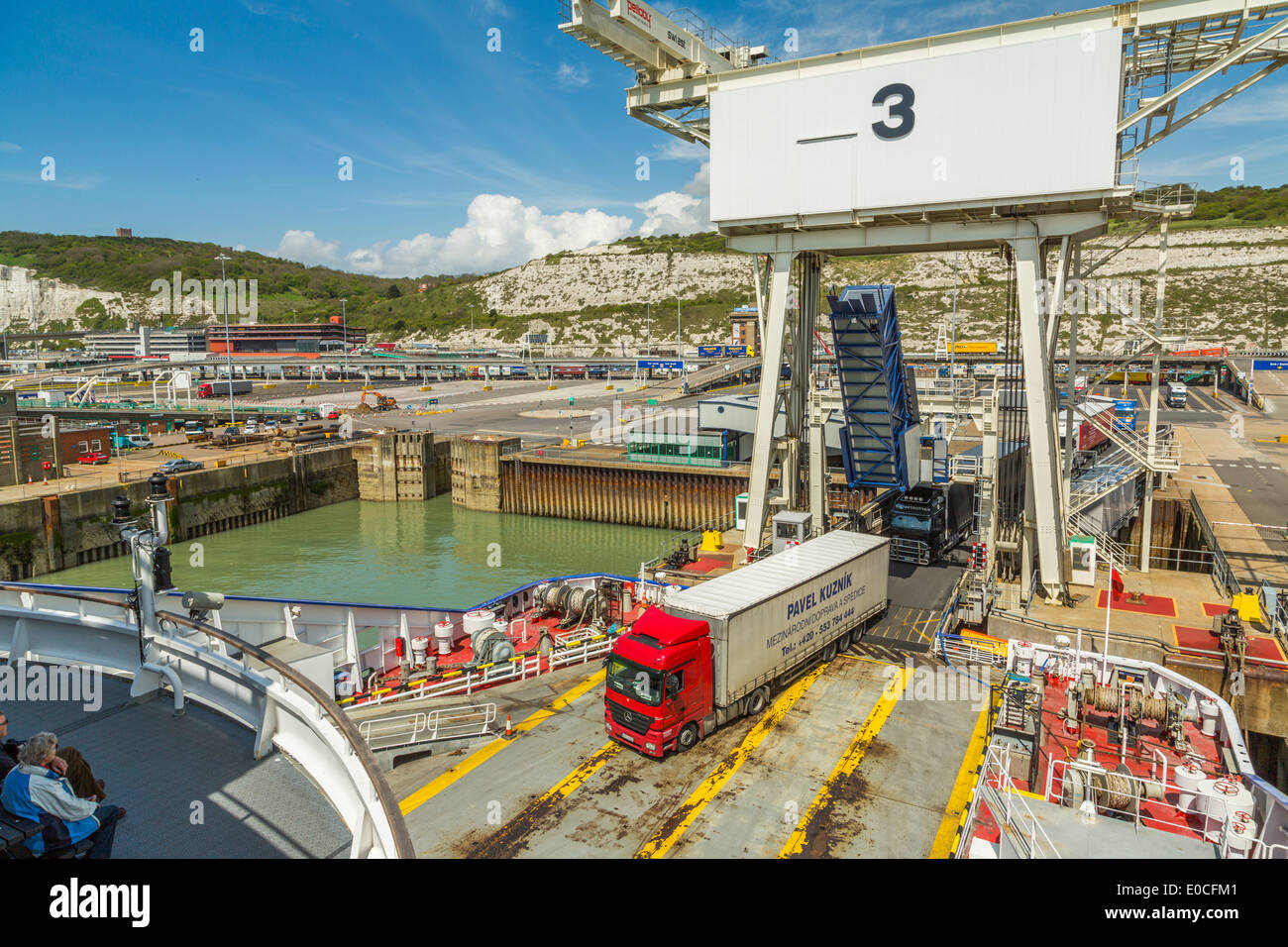 Dover Ferry terminal loading articulated Lorries for travel to France and Belgium, huge driver shortage in the UK due in part to Brexit Stock Photo