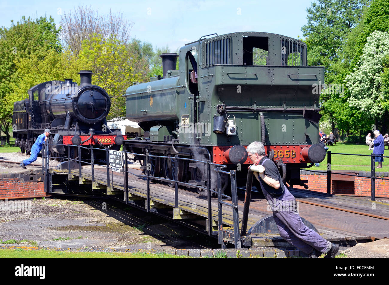 Didcot Railway Centre, home of the Great Western Society. A tank engine being turned on the manual turntable. Stock Photo