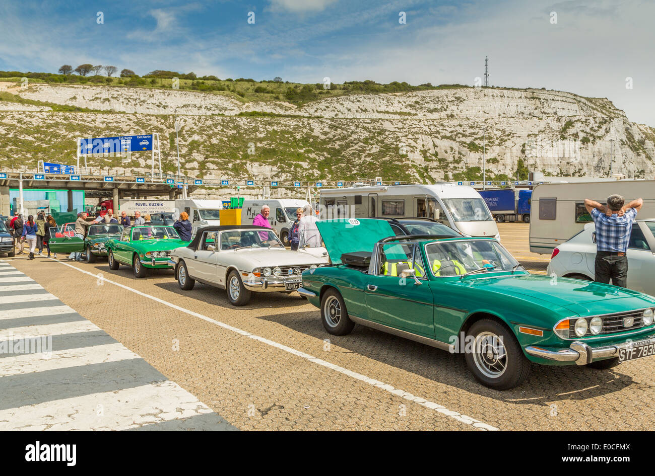 Triumph Stag cars waiting to board a ferry at Dover ferry terminal England UK Stock Photo